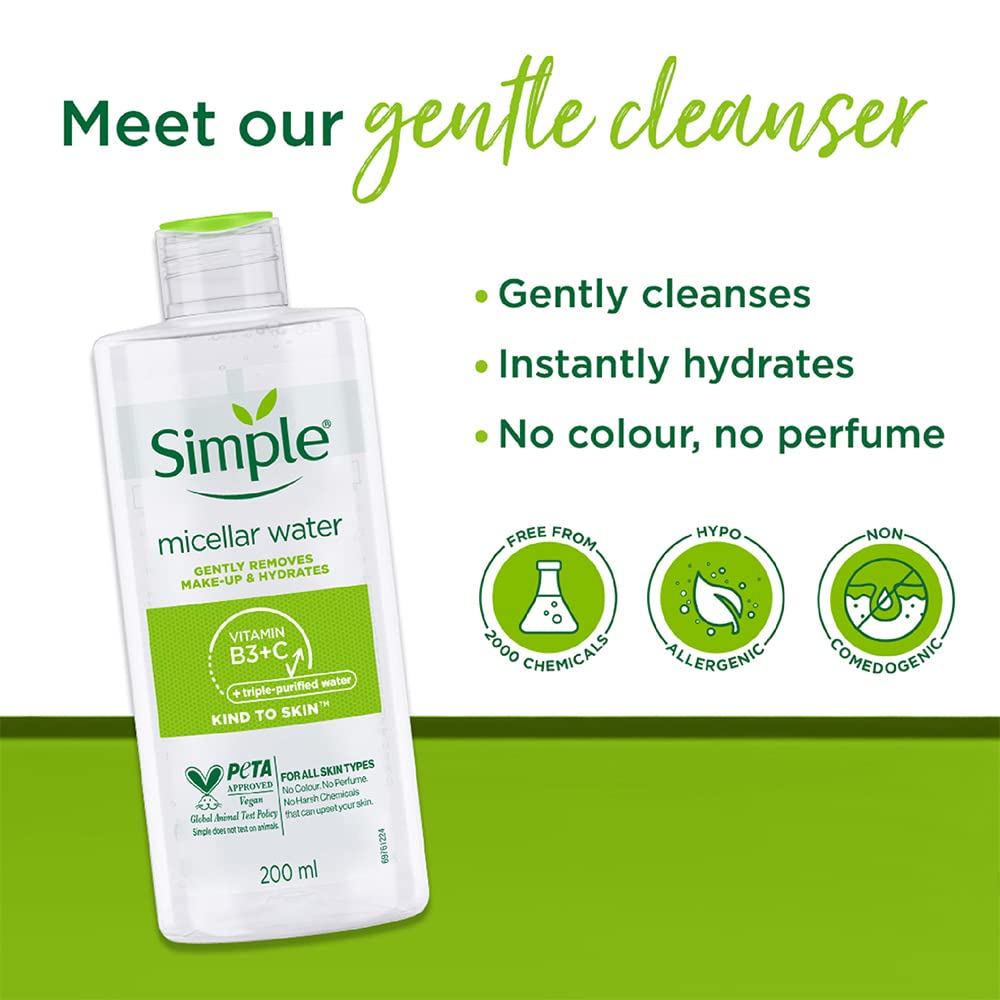 Simple Kind to Skin Micellar Cleansing Water - 200ml (Enriched with Vitamin B5, B3 & C for Sensitive Skin) - Image 7