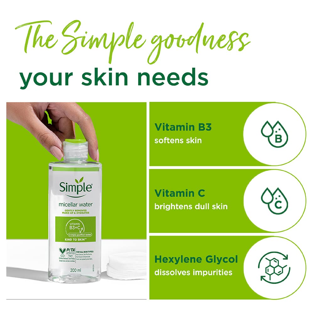 Simple Kind to Skin Micellar Cleansing Water - 200ml (Enriched with Vitamin B5, B3 & C for Sensitive Skin) - Image 5